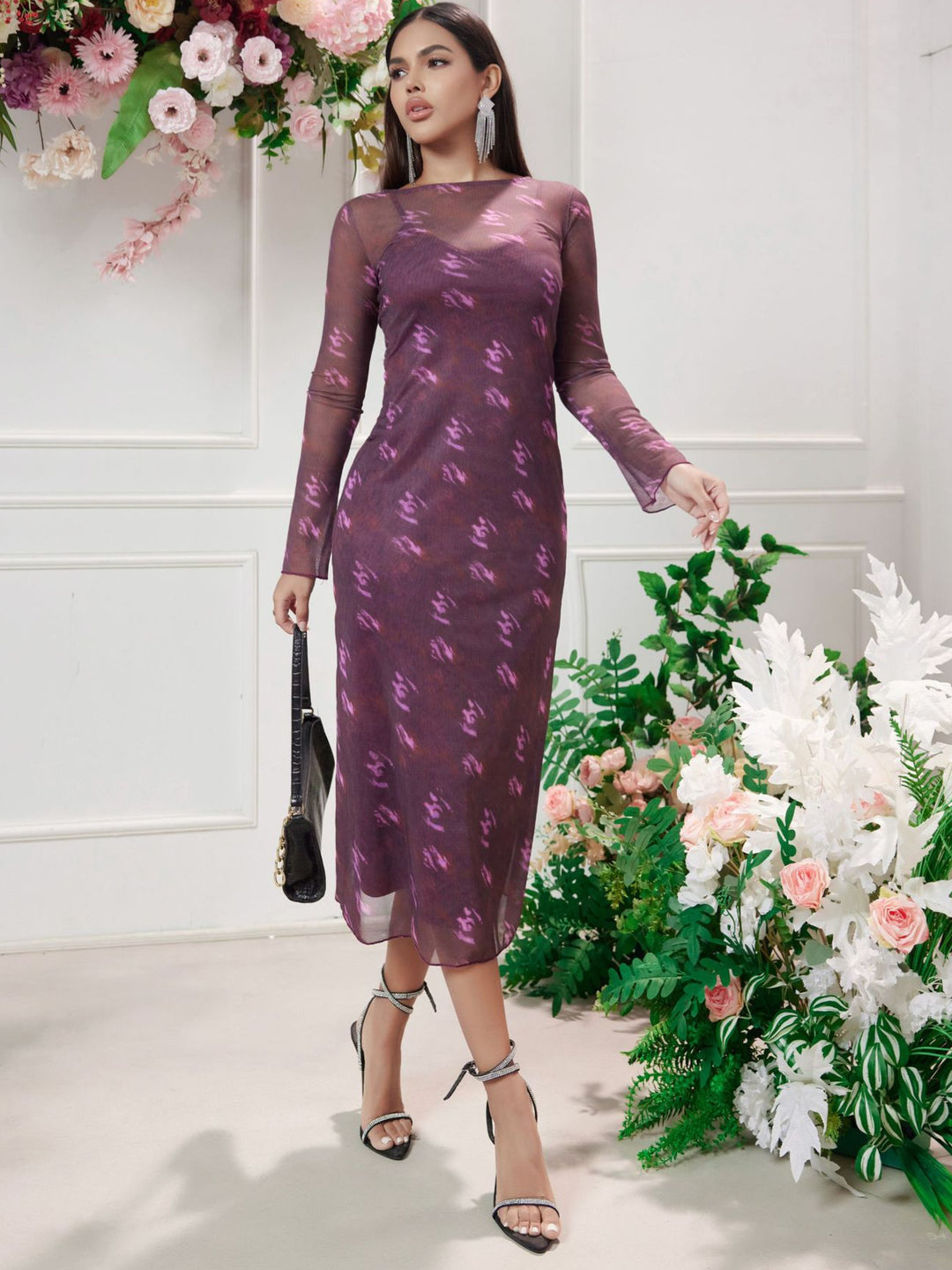 Dame Transparent Floral Midi Kjole Stilla