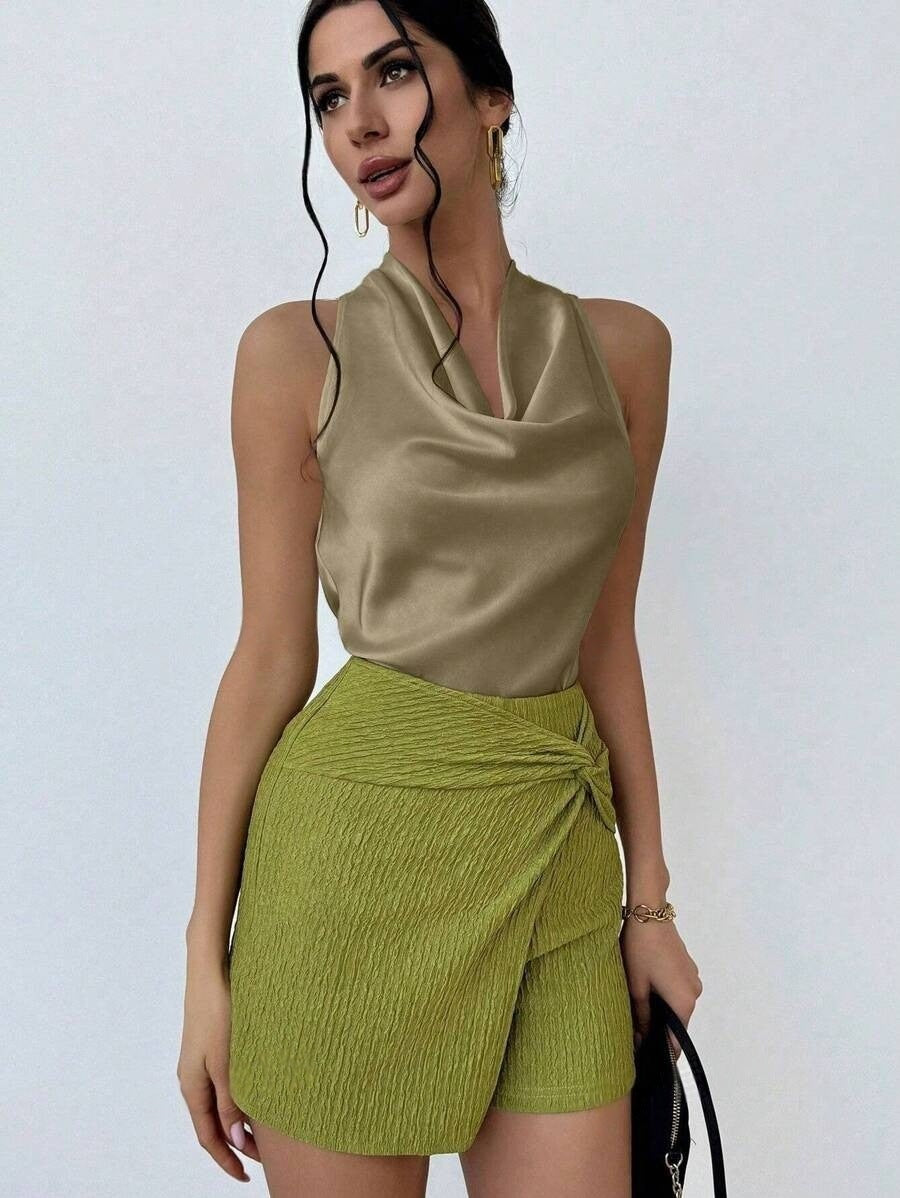 Dame Elegant satin top med smart vandfald udskæring Skovae