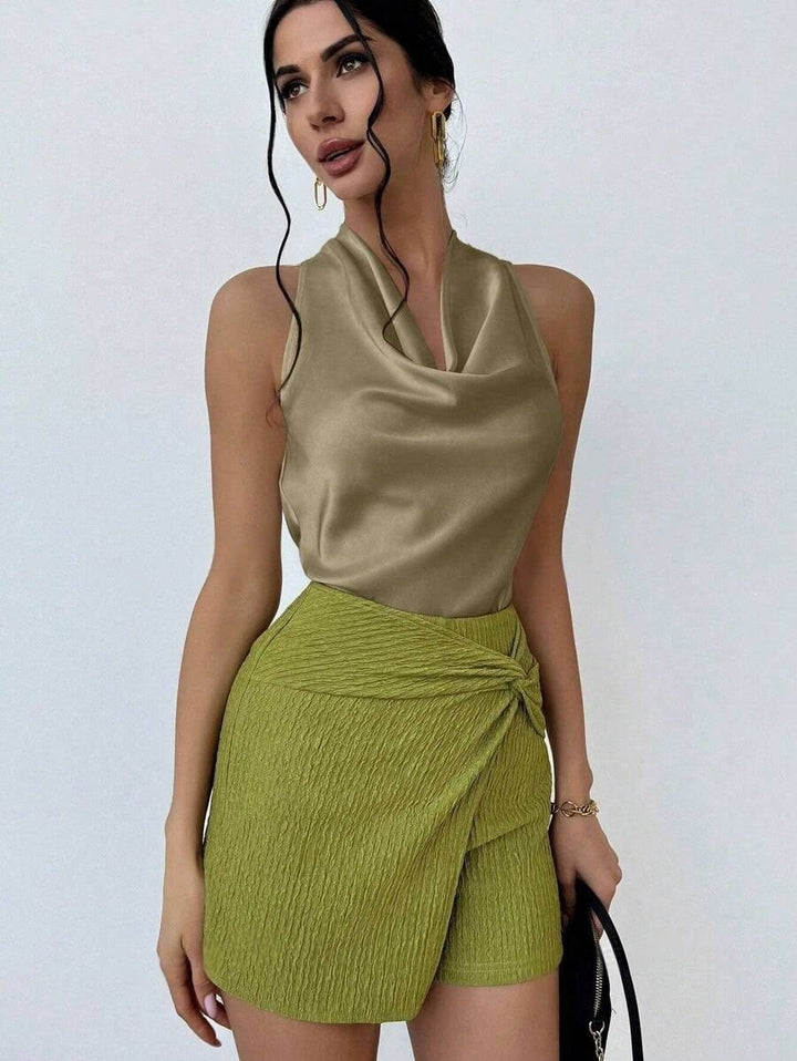 Dame Elegant satin top med smart vandfald udskæring Skovae