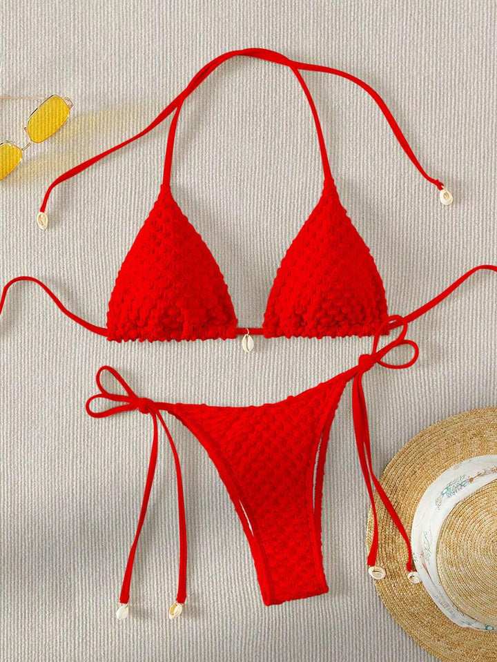 Dame Triangle-Bikini med struktureret materiale og fine bindebånd Skovae