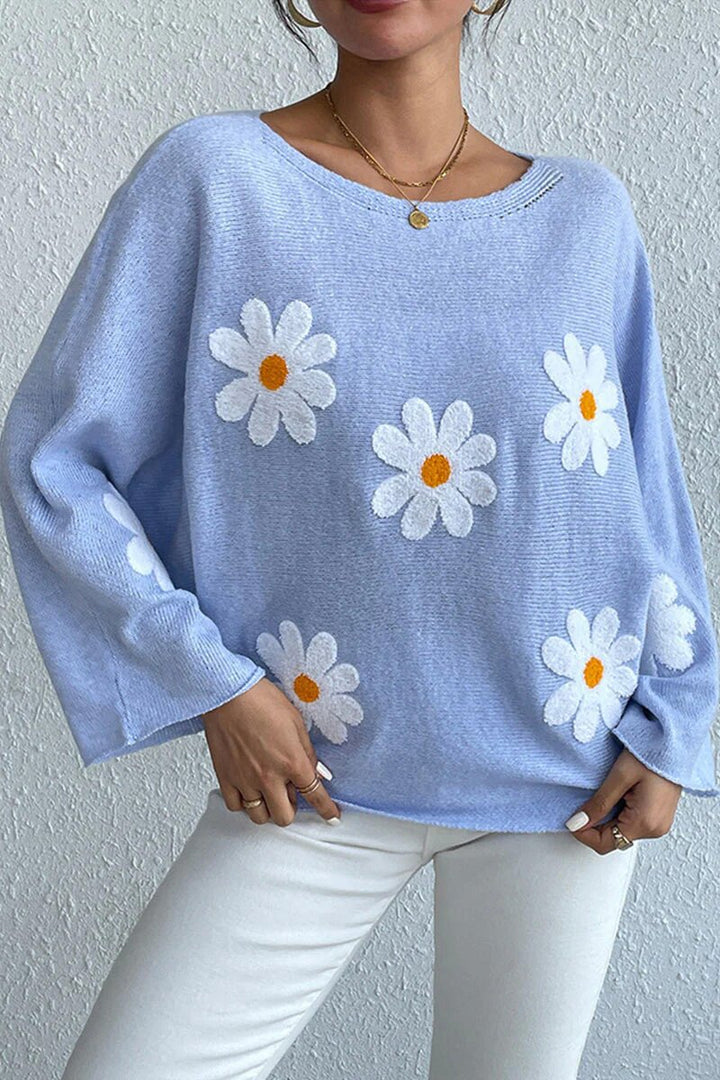 Kvindernes strikkede sweater med legende blomsterdesign og løs pasform Stilla
