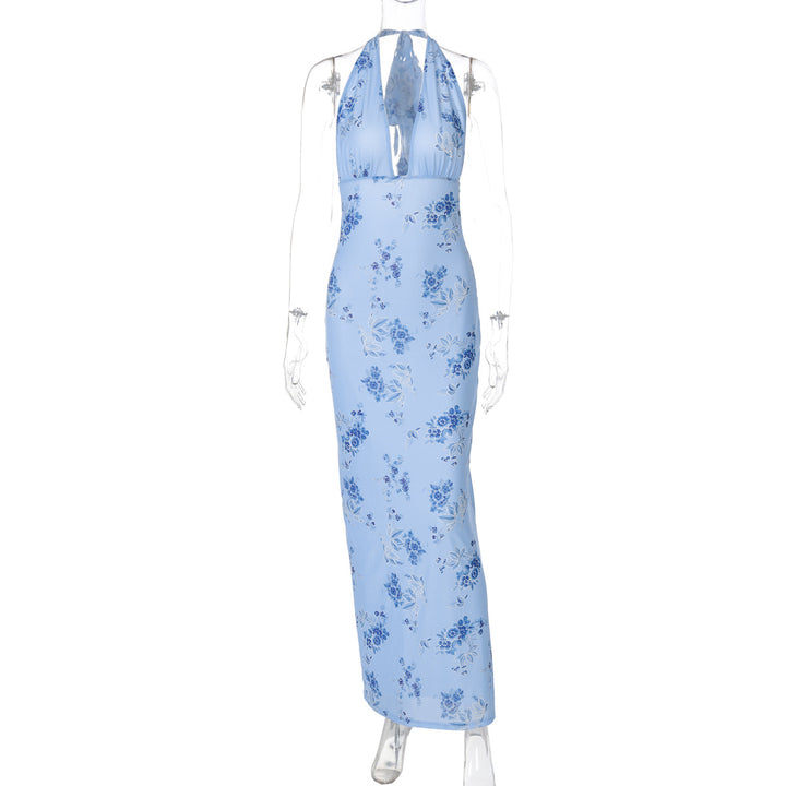Dame maxikjole med blomstermønster og neckholder design Stilla