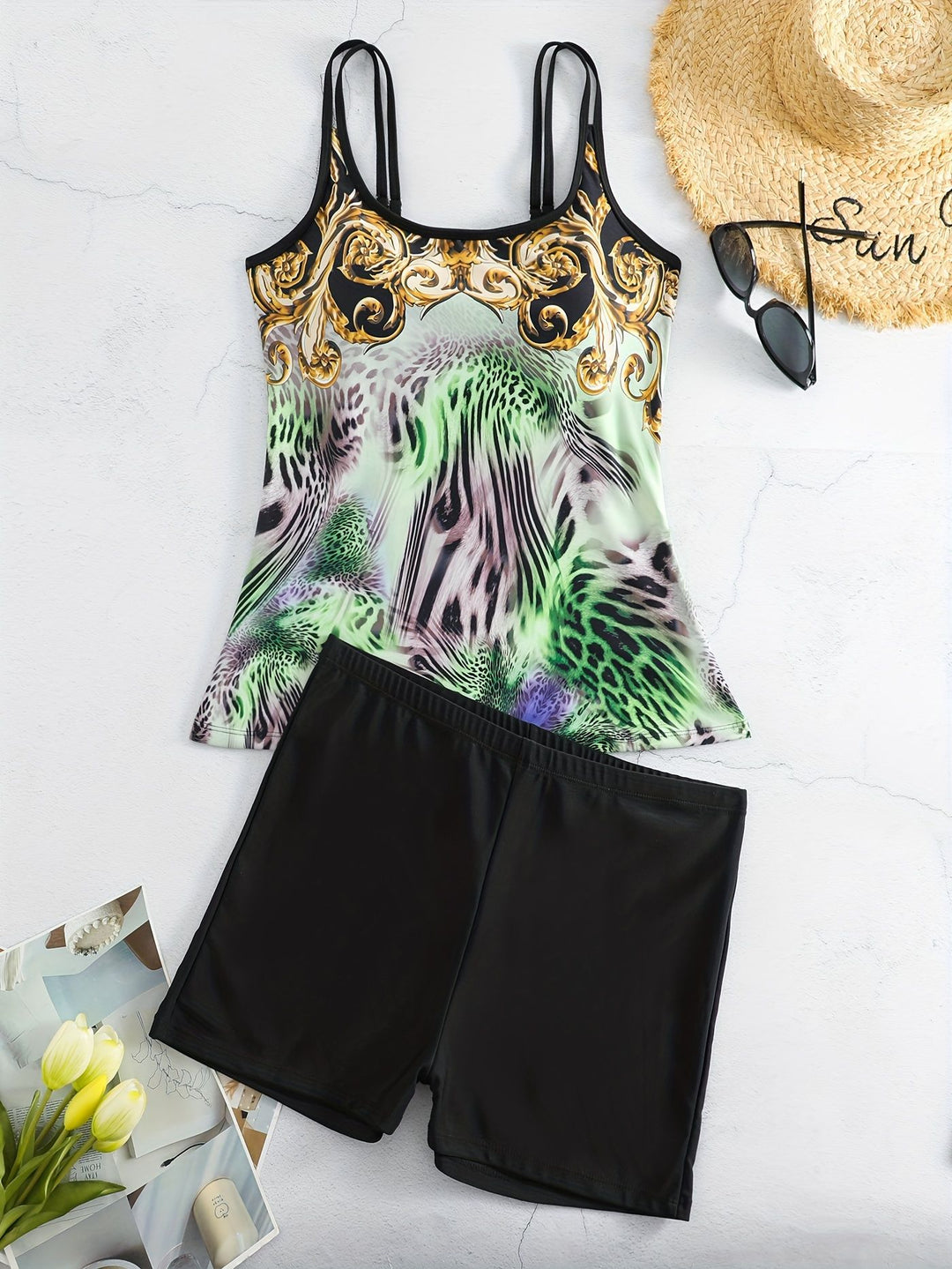 Dame Sportsligt Tankini-sæt med moderne Animal-Print og Boxershorts Skovae