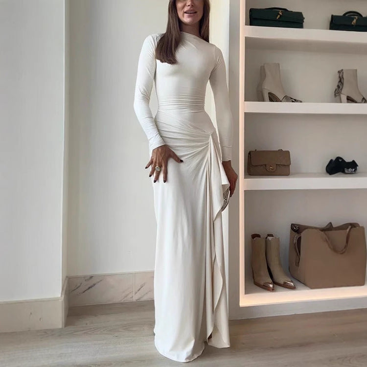 Dame elegant langærmet kjole med asymmetrisk kant Stilla