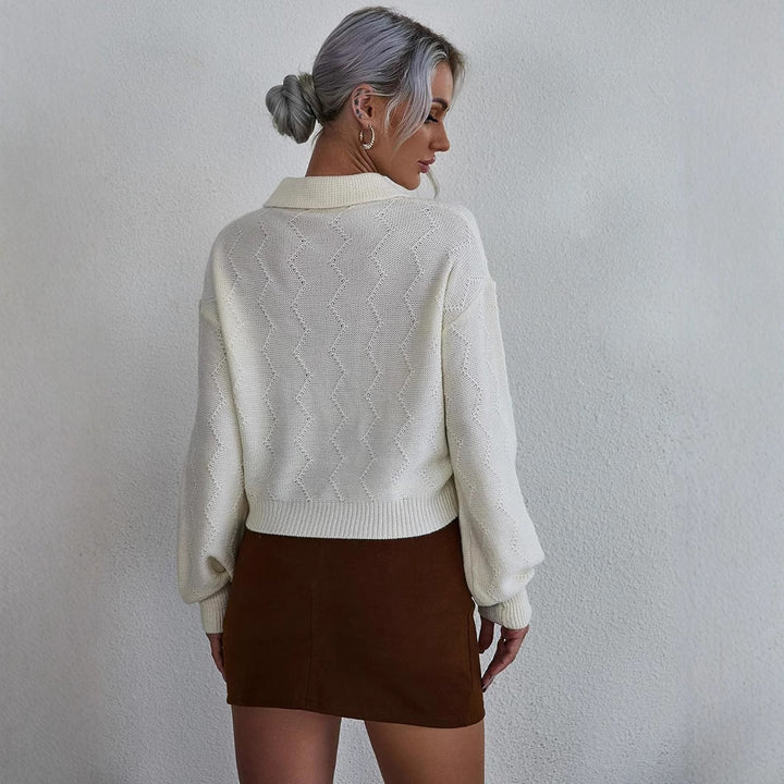 Dame strikpullover med glitrende krave Stilla