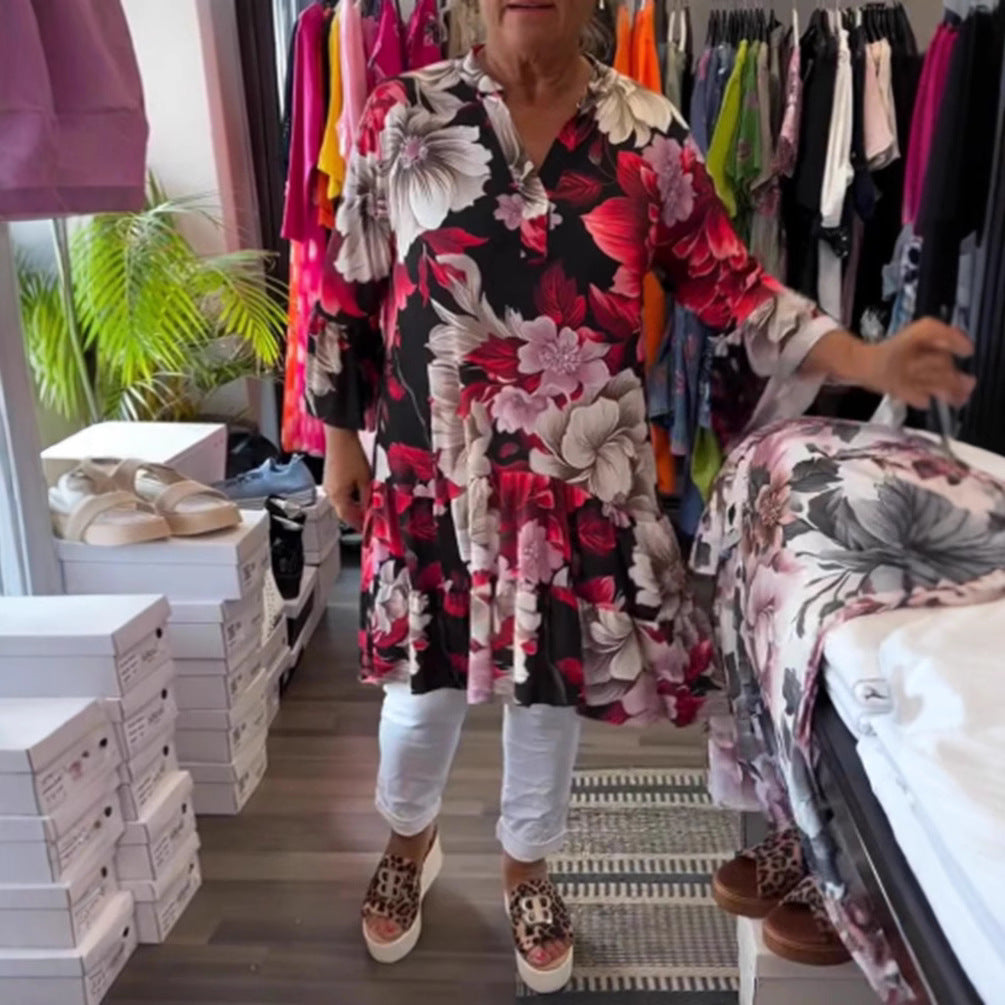 Dame nan svingende tunika-kjole i babydoll-stil med v-hals og stuf volants Skovae