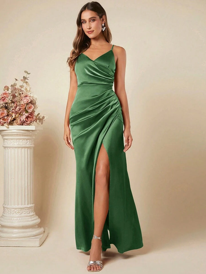 Dame Elegant Wrap Dress med høj slids og smalle stropper Skovae