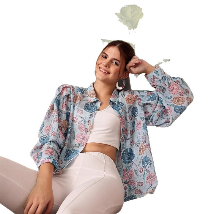 Dame let transparent chiffonjakke med florale motiver og ballonlignende ærmer Skovae