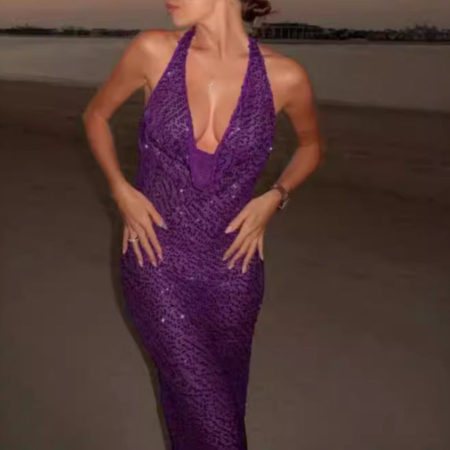 Femme Funklende Pailletter-Halter-aftenkjole Stilla