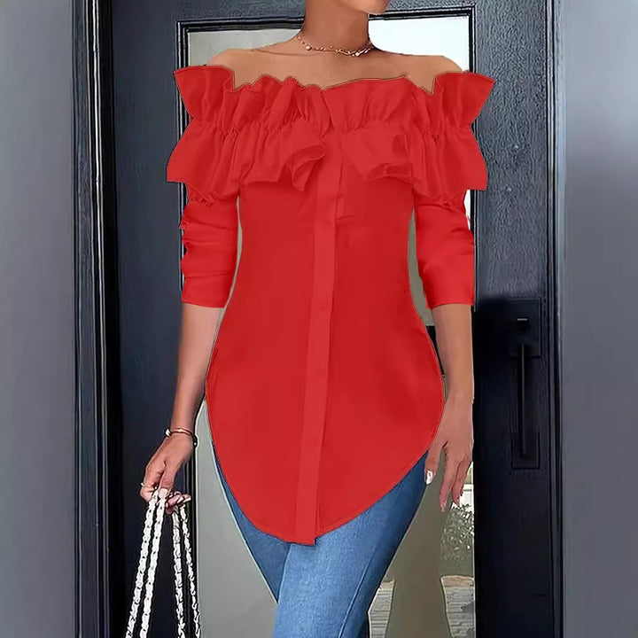 Dame Off-Shoulder Bluse med ruffles og knapdetaljer Stilla