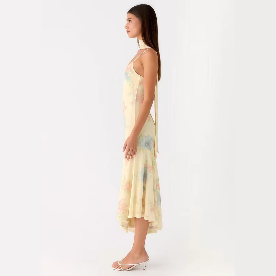 Ladies Elegant Maxi Dress with Floral Chiffon Design and Halter Neck Cut