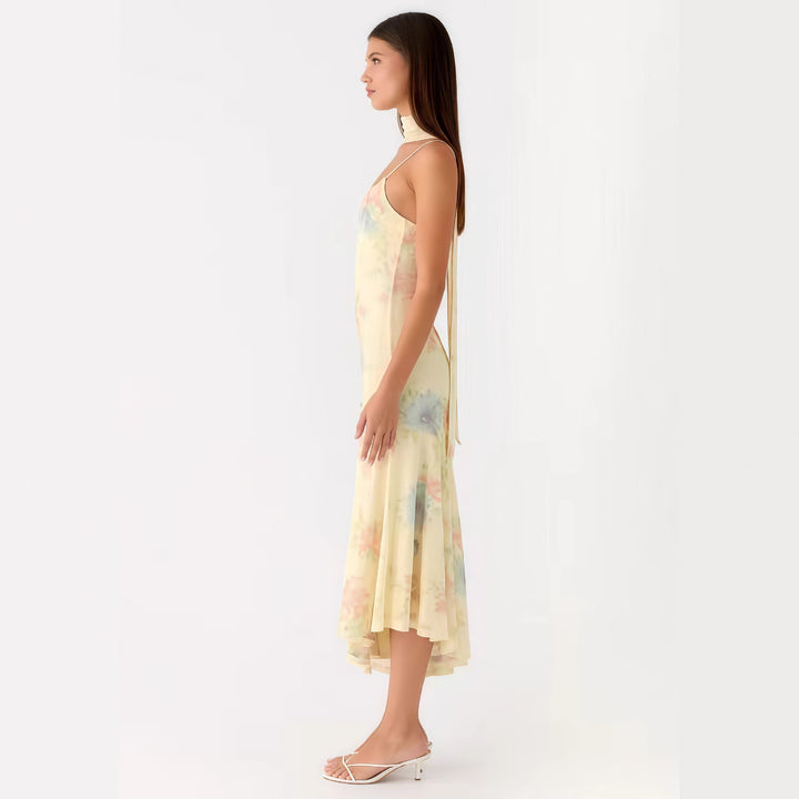Ladies Elegant Maxi Dress with Floral Chiffon Design and Halter Neck Cut