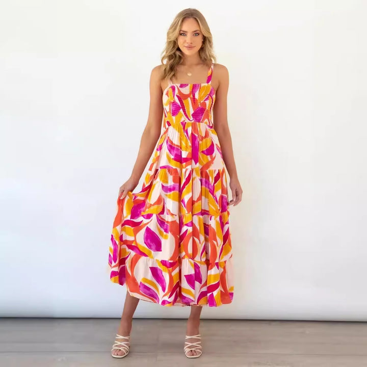Kvindernes Boho-inspirerede Maxi Kjole med Farverigt Blomster Mønster og Elastisk Top Stilla