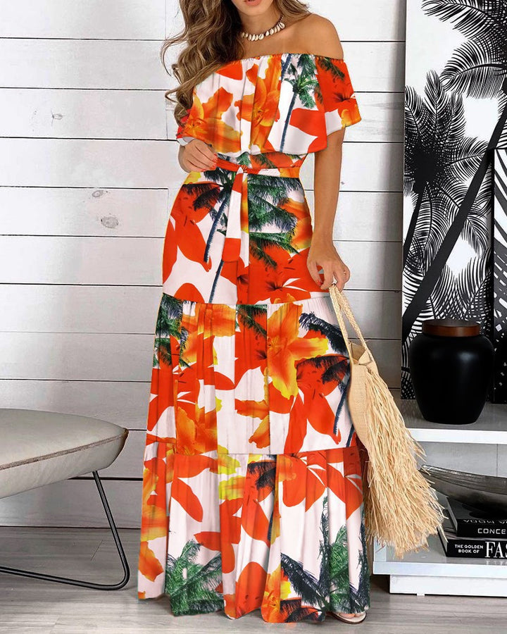 Dame Off-Shoulder Maxikjole med flydende, lagdelt nederdel Stilla