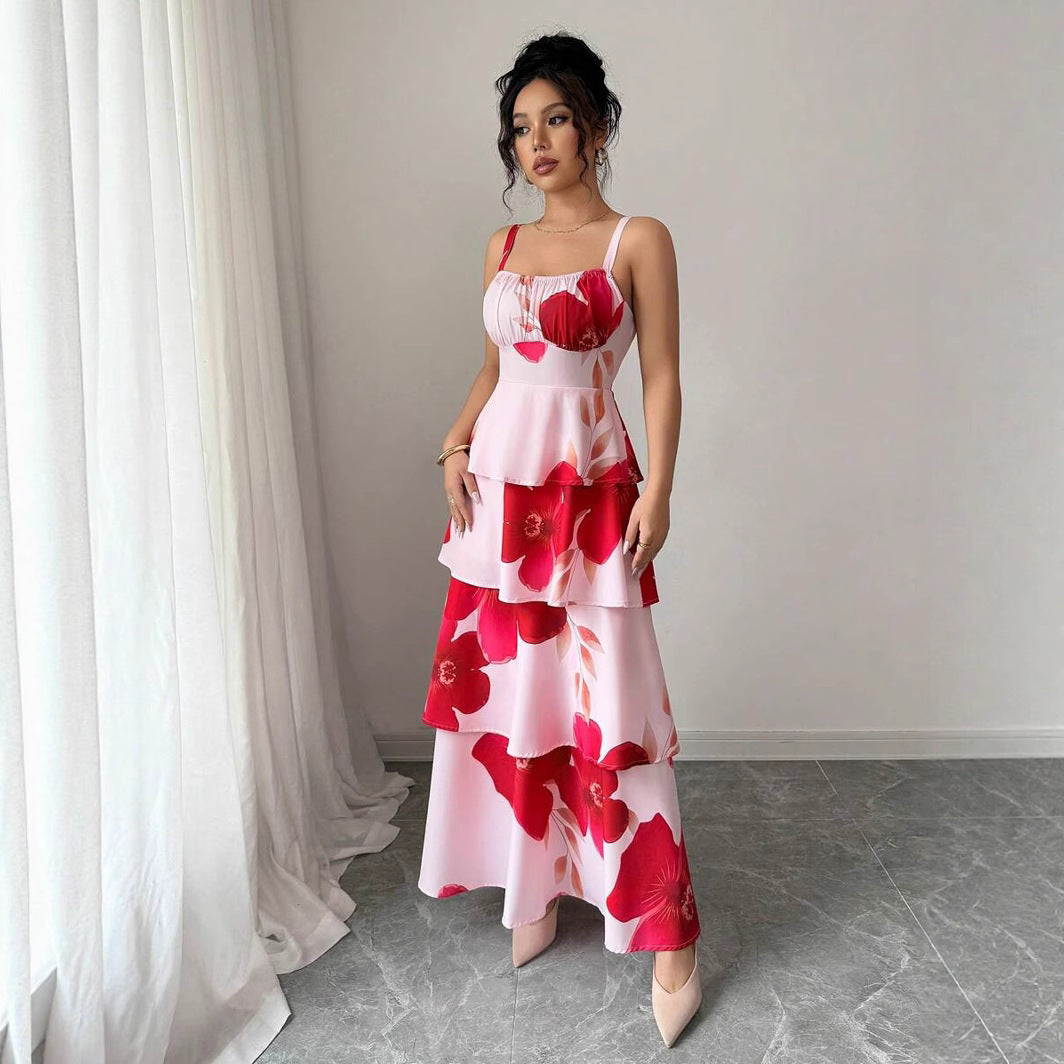 Dame Maxikjole med voluminøst flæsedesign og floral tryk Stilla