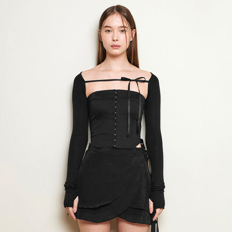 Dame Elegant Korset-stil Overdel med Langærmet Detalje Stilla