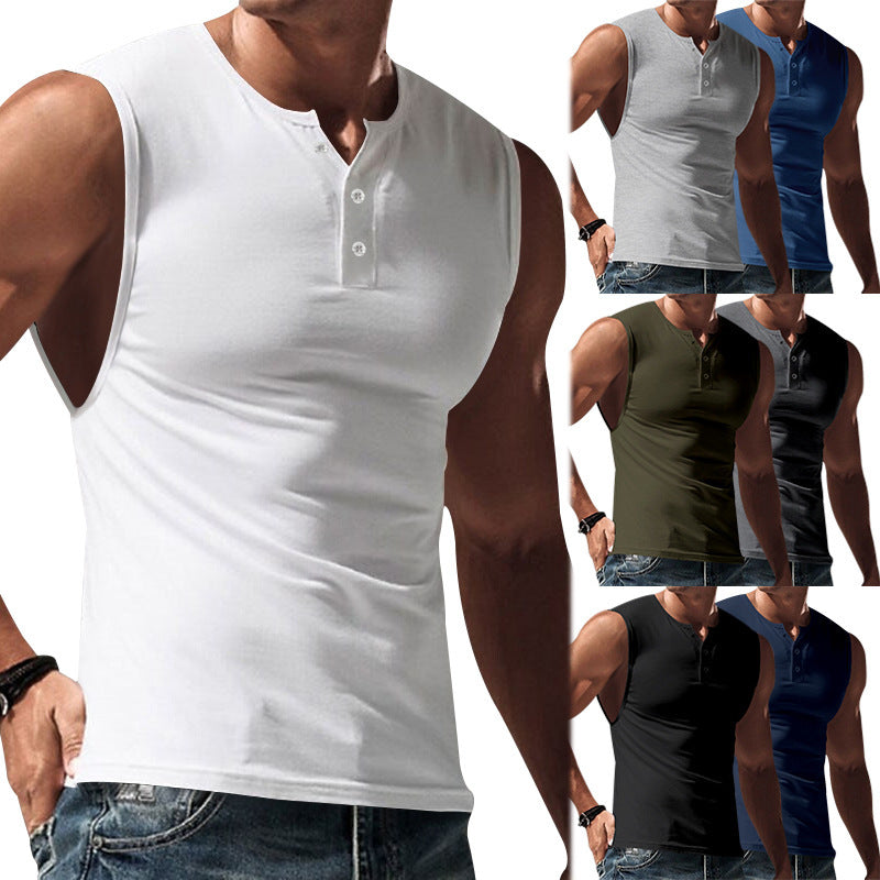 Herren ærmeløs muskelshirt med Henley-knaplukning, dyb armudskæring og elastisk bomuldsblanding Skovae