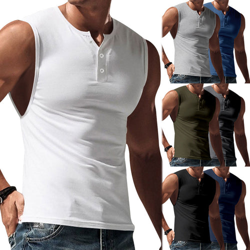 Herren ærmeløs muskelshirt med Henley-knaplukning, dyb armudskæring og elastisk bomuldsblanding Skovae