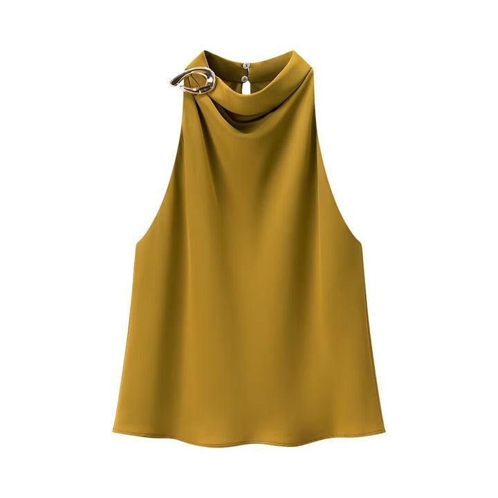 Dame silke bluse med asymmetrisk krave og dekorativ ring Skovae