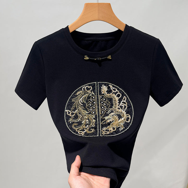 Dame T-shirt med kunstnerisk dragebroderi og elegant ståkrave Stilla