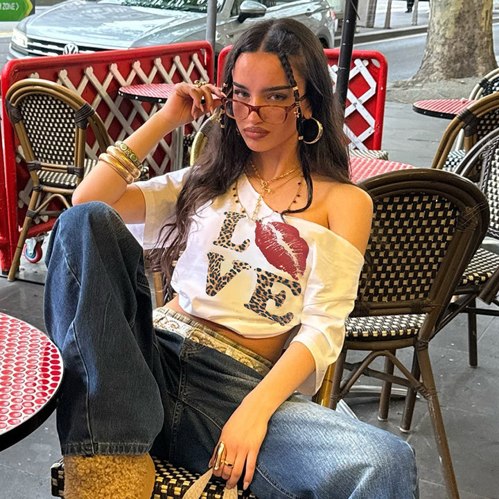 Dame afslappet print T-shirt med bred udskæring Skovae