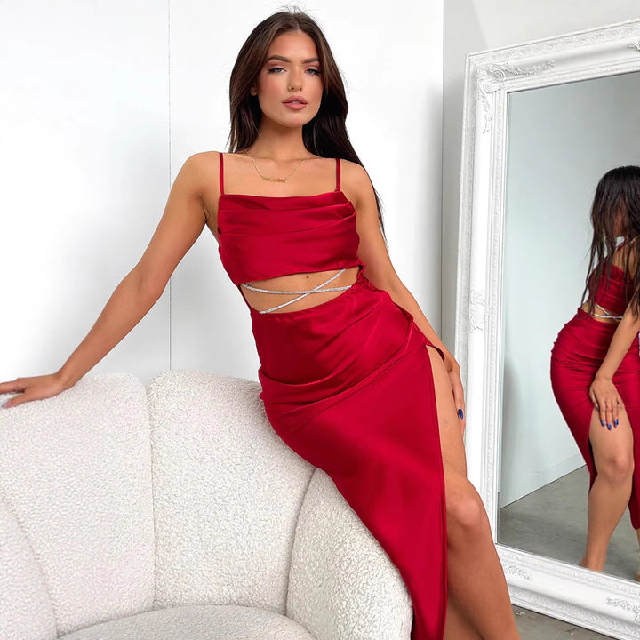 Dame Elegant Satin-Maxi-Kjole med split-design og justerbare spaghetti-stropper Skovae