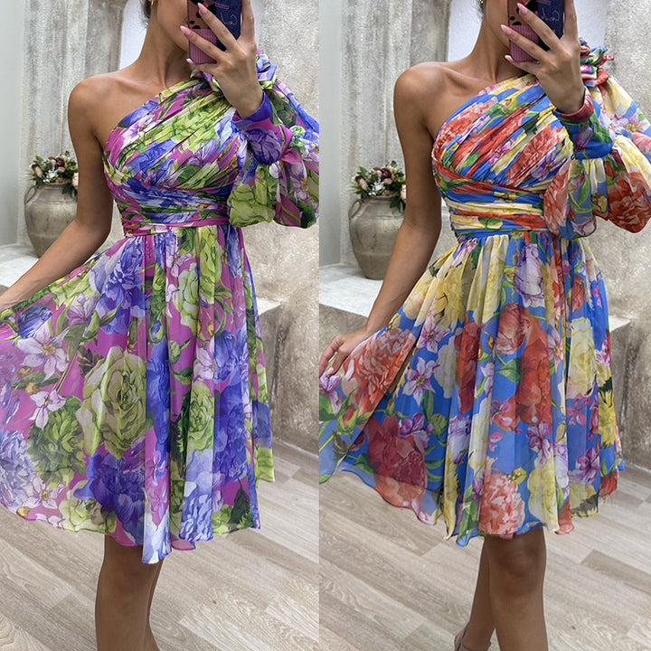 Dame One-Shoulder Kjole med blomstertryk og elastisk talje Stiila