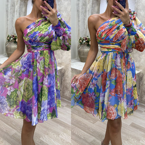 Dame One-Shoulder Kjole med blomstertryk og elastisk talje Stiila