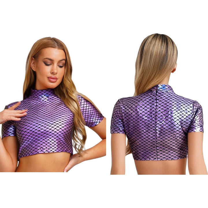 Dame Glitrende Cropped Shirt med glitrende fiskskæl-mønster Skovae