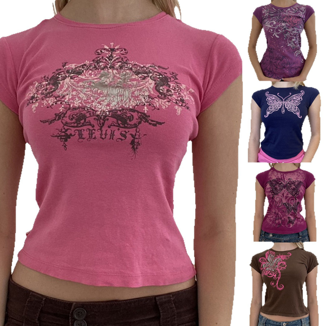 Damer afslappet grafik-crop-top med rund halsudskæring Skovae