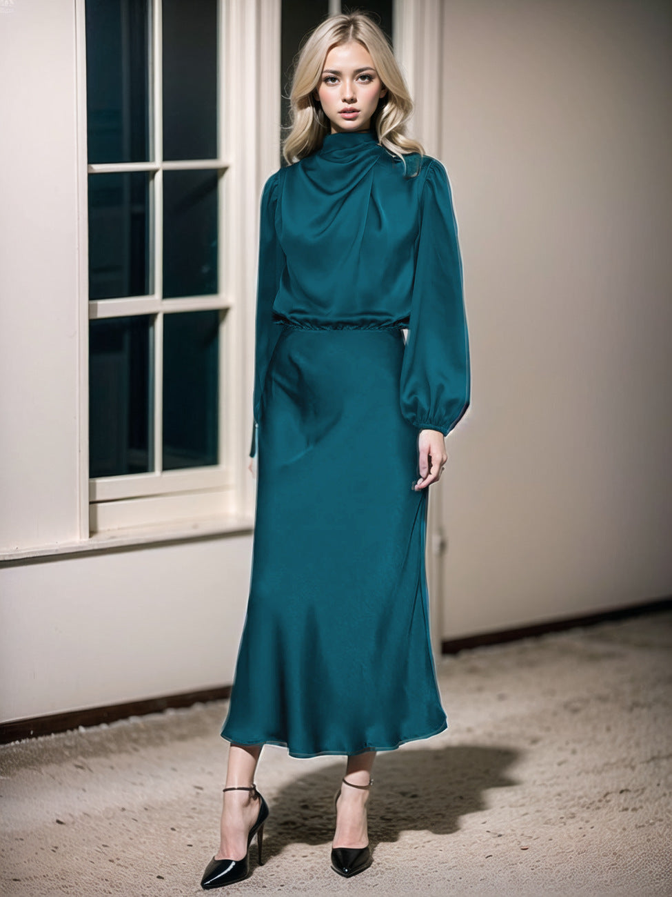 Dame elegant Midi-kjole med stålkrave og puffærmer Stilla