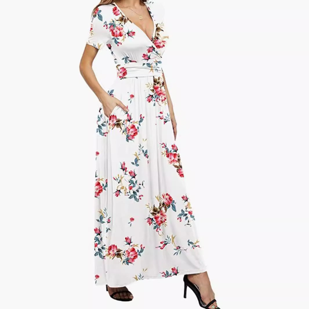 Dame maxikjole med dyb V-udskæring og blomsterdesign Stilla
