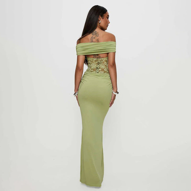 Femme Off-Shoulder Spids Accent Maxi Kjole Stilla
