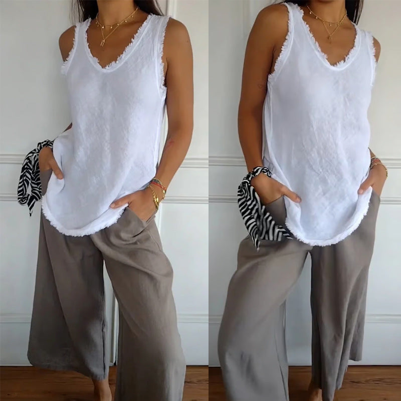Dame i casual linlook tanktop med frynset kant U-udskæring og løs hofte længde Skovae