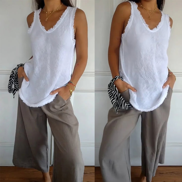 Dame i casual linlook tanktop med frynset kant U-udskæring og løs hofte længde Skovae