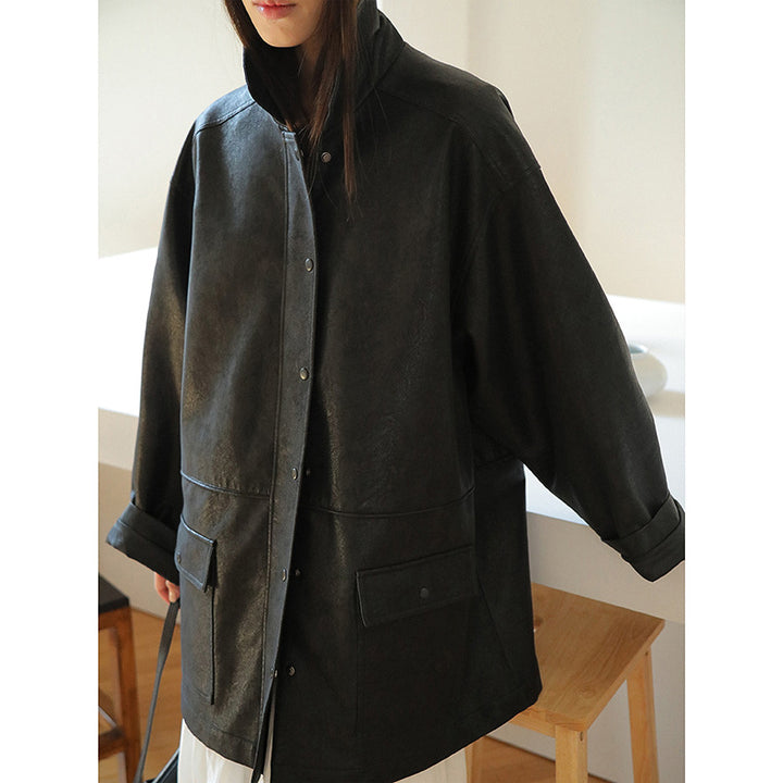Dame Oversized Læderjakke med praktisk lomme-design Stilla