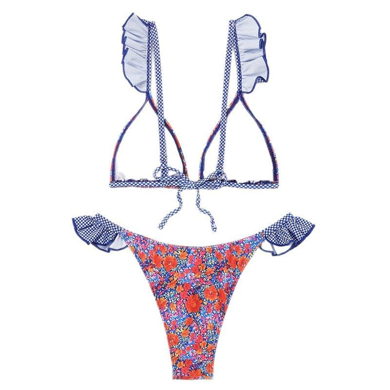 Dame triangel-bikini med legende flæsedetaljer og blomstermønster Skovae