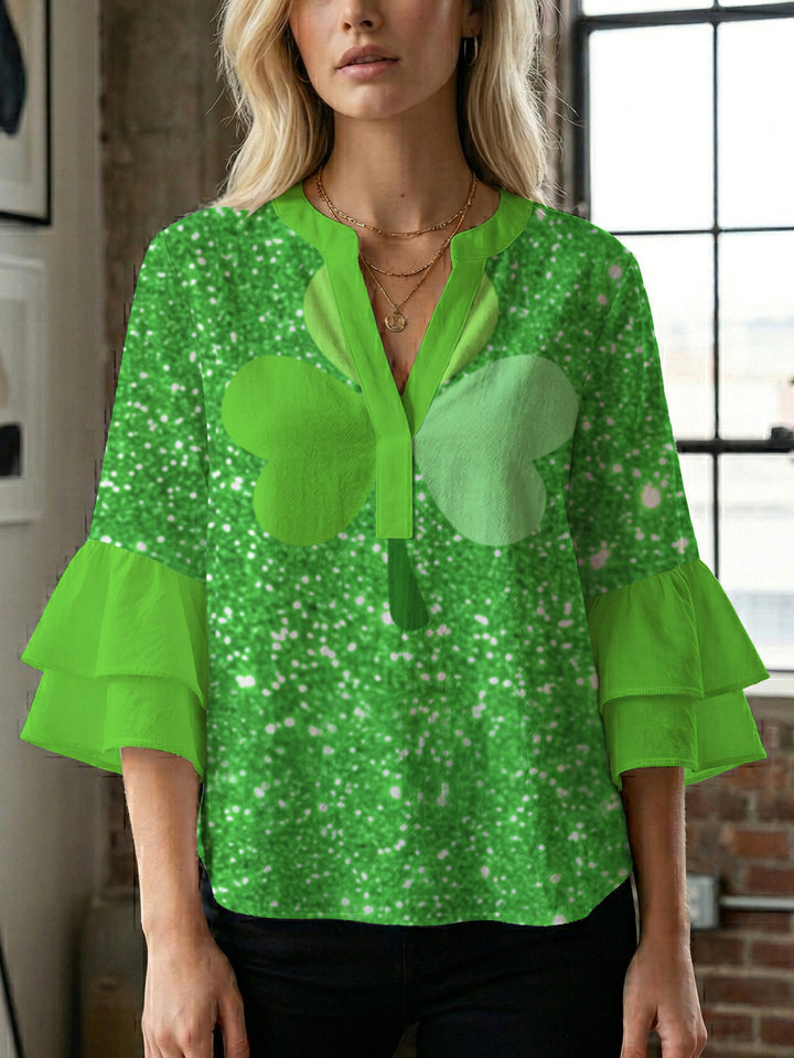 Dame afslappet bluse med flæseærmer og botanisk print Skovae