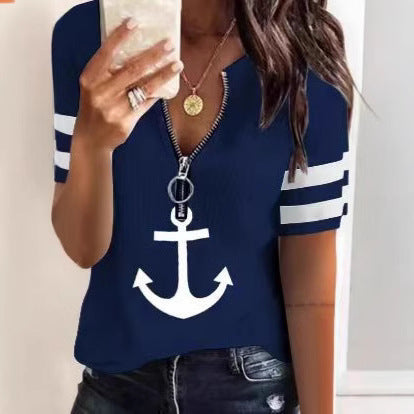 Dame Sporty T-shirt med lynlås og maritime motiver Skovae