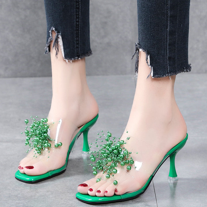 Dame Peeptoe-sandaler med transparent rem og dekorativt blomsterdesign Stilla