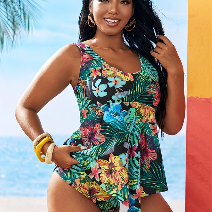 Dame Tankini med blomsterdesign og asymmetrisk snit Skovae