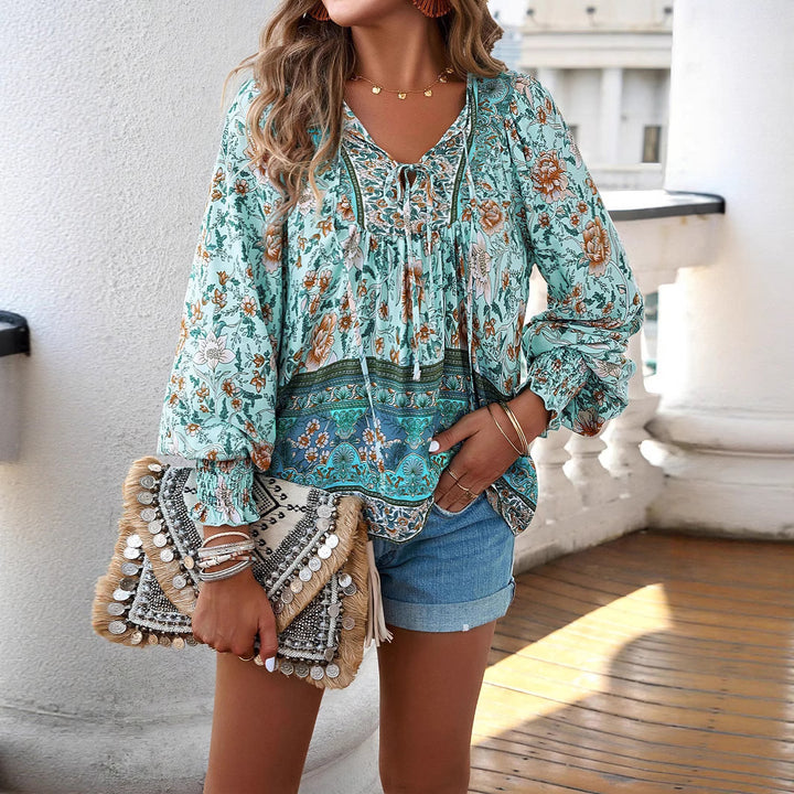 Dame Boho-stil bluse med blomsterprint og brede ærmer Stilla