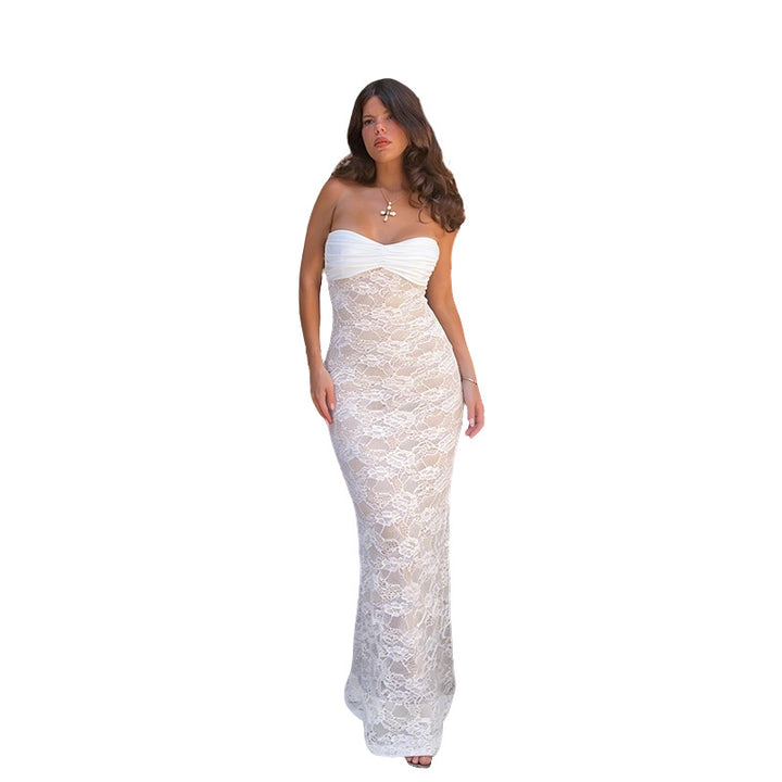 Damer Corset Maxi Kjole med sofistikeret blonde mønster og stroppeløs design Skovae