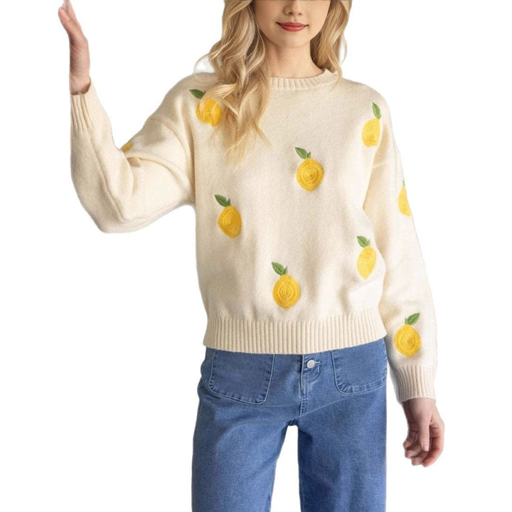 Dame strikpullover med frugtigt broderidesign Stilla