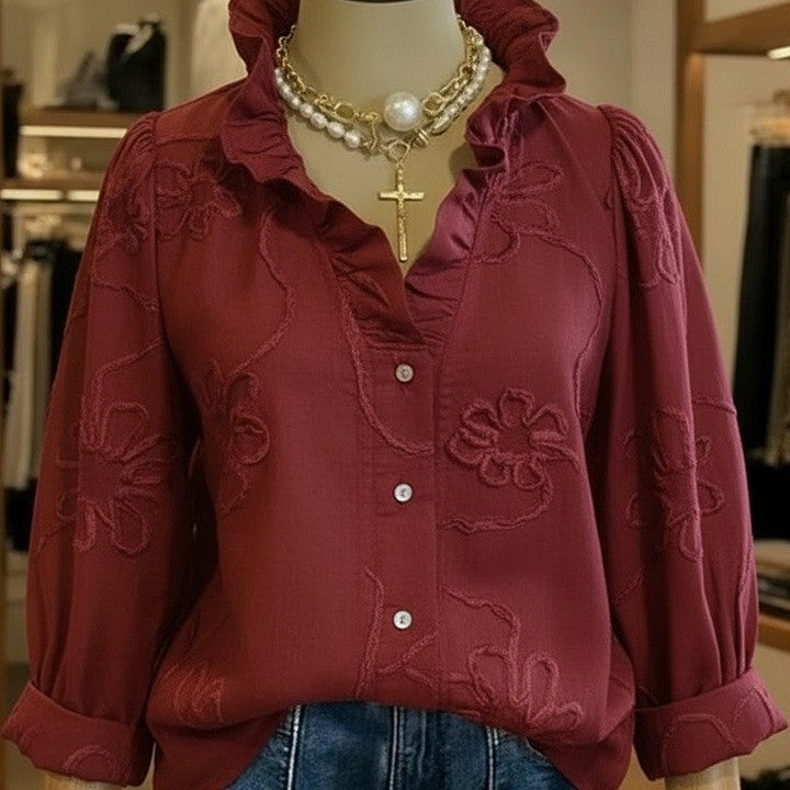 Dame elegant bluse med florale broderier og voluminøse ærmer Skovae