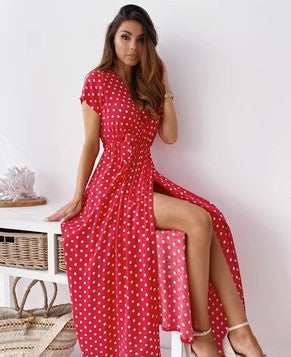 Dame Polka Dot Maxi Kjole med Sideslids Stilla