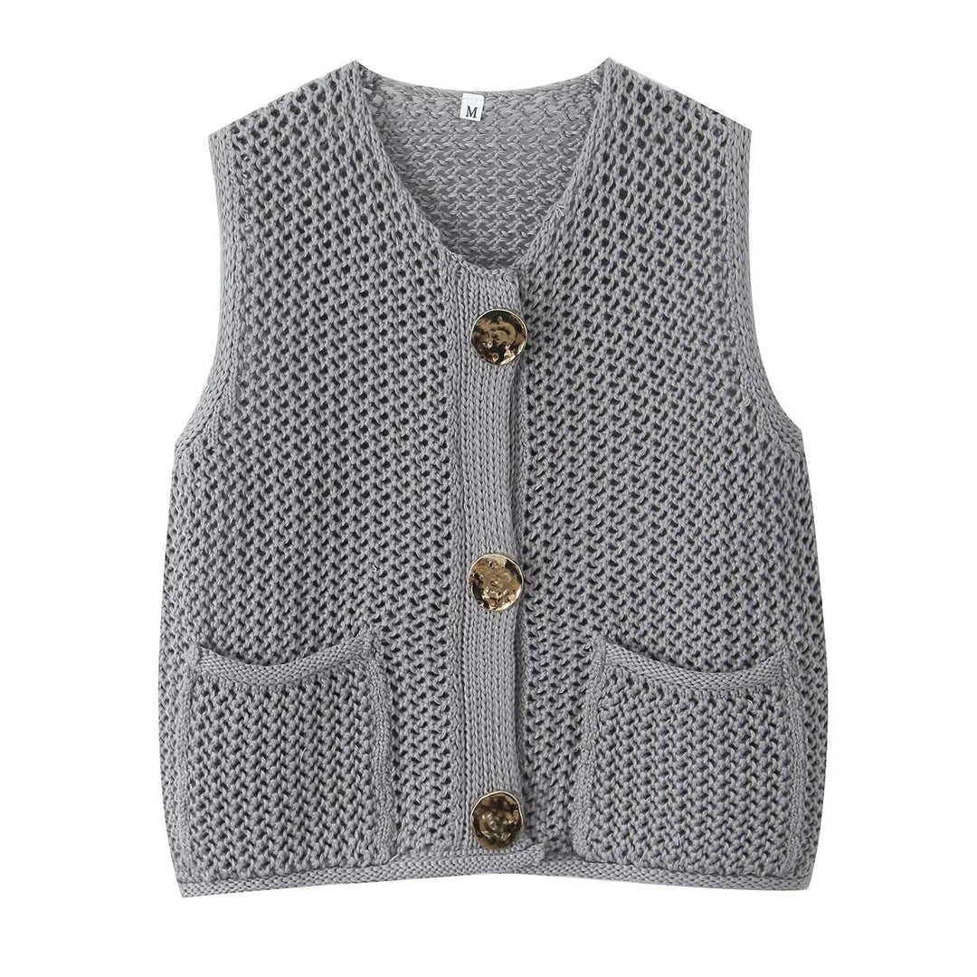 Dame strikvest med elegante knapper og lommer Stilla