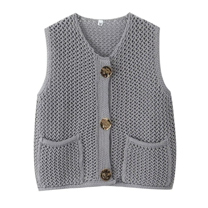 Dame strikvest med elegante knapper og lommer Stilla