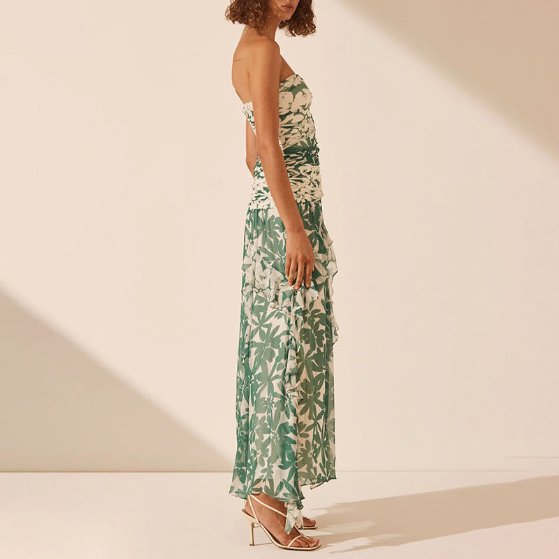 Kvindernes off-shoulder maxi kjole med flæsedetaljer og blomster mønster Skovae