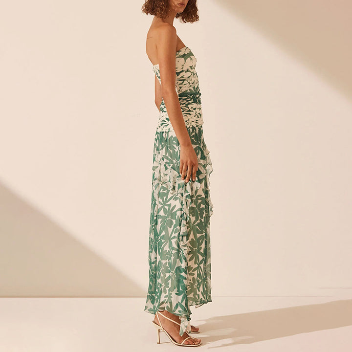 Kvindernes off-shoulder maxi kjole med flæsedetaljer og blomster mønster Skovae
